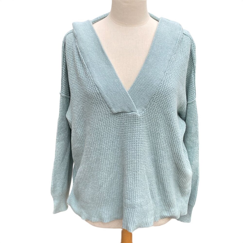Aerie Waffle Knit V-Neck CozyUp Hoodie Sweater Seafoam Green Oversized Chunky-S